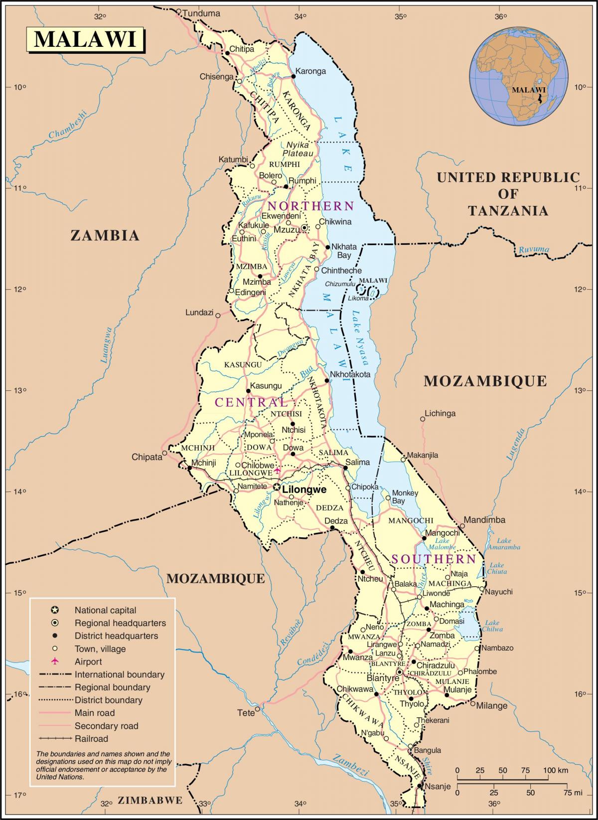 kort i Malawi, der viser veje