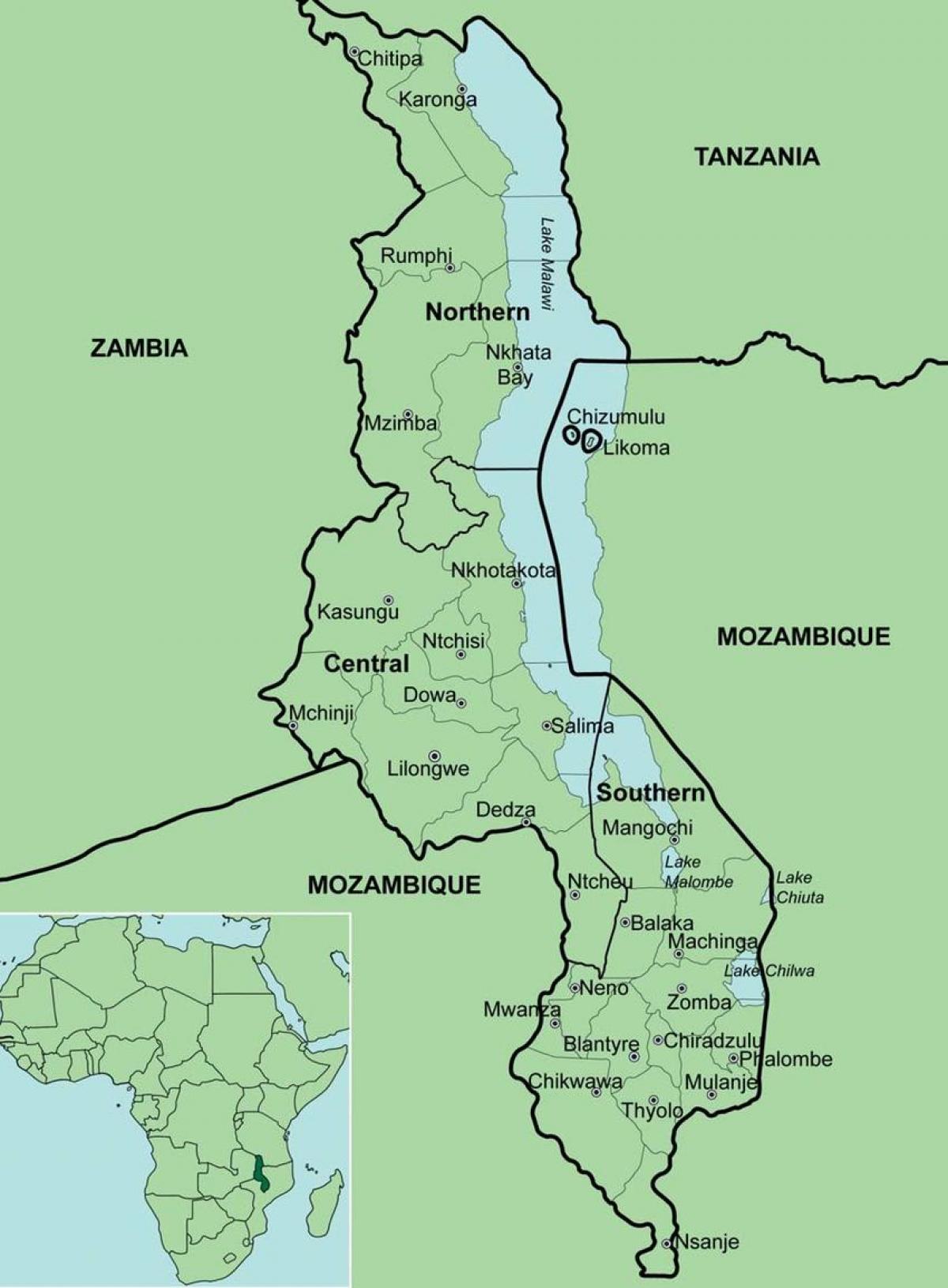kort over Malawi viser distrikter