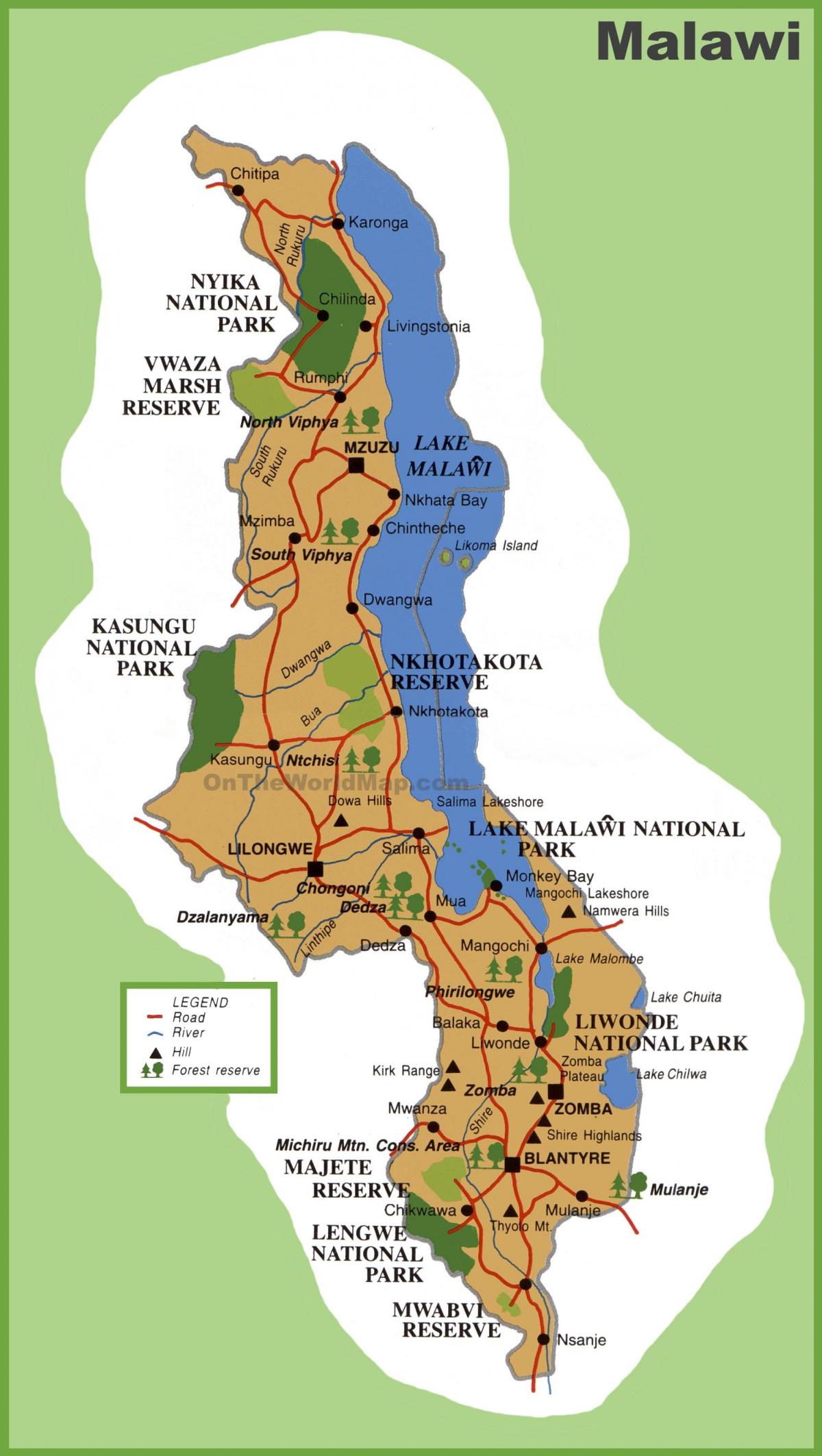 kort over Malawi og de omkringliggende lande