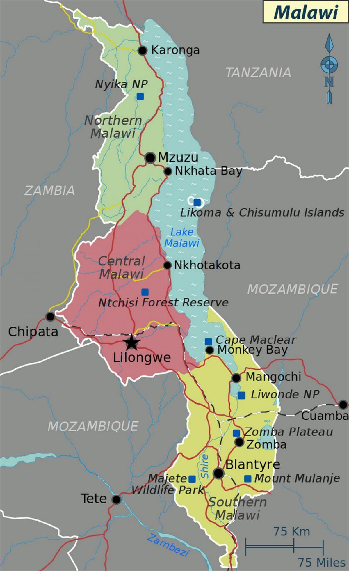 kort over lake Malawi i afrika