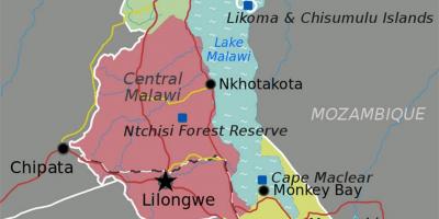 Kort over lake Malawi i afrika